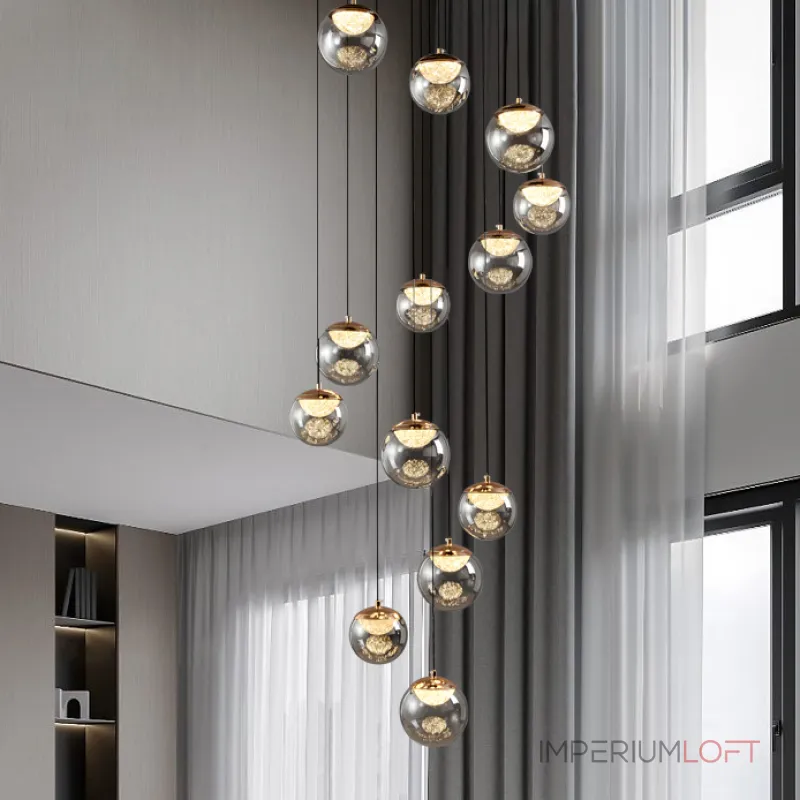 Серия подвесных светильников с LED-источниками света в полусферических рассеивателях с эффектом льда внутри шарообразных плафонов из тонированного стекла MAYER ORB L9 от ImperiumLoft