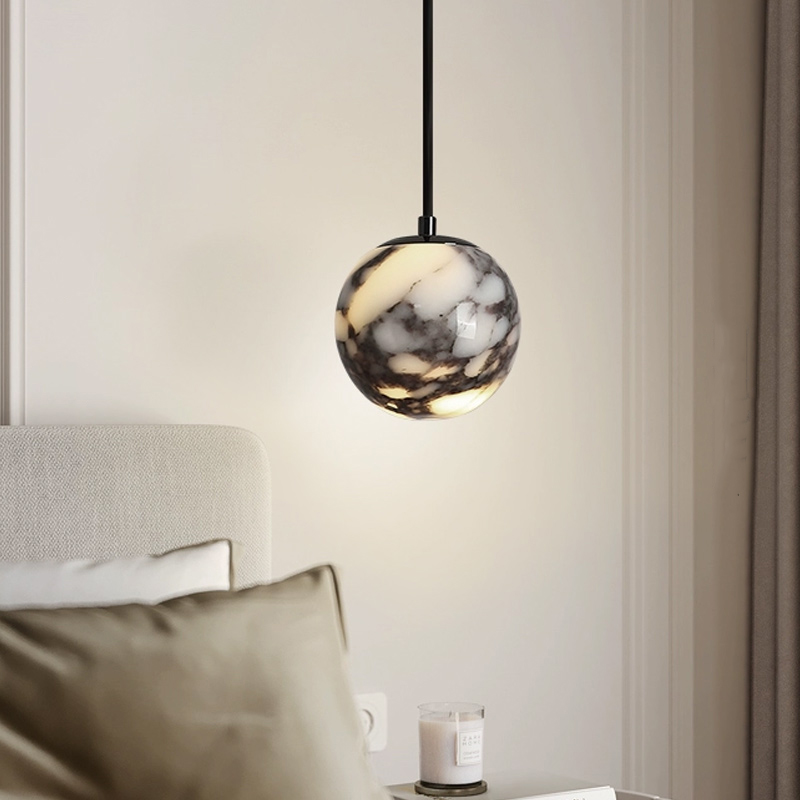Серия подвесных светильников с шарообразным плафоном из натурального мрамора с фактурой Bulgary Stone и Молочного Нефрита BONN NEPHRITE Milk jade с лифтом от ImperiumLoft