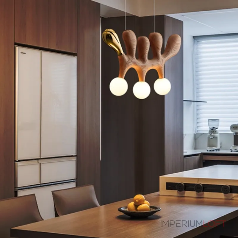 Серия оригинальных светильников из высококачественной древесины различных оттенков и латуни с тремя шарообразными плафонами REUBEN Light Brown от ImperiumLoft