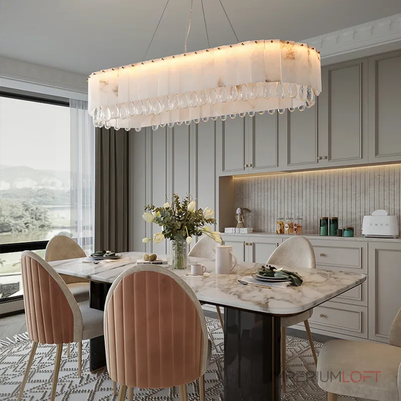 Светодиодный реечный светильник из мраморных пластин с декоративными хрустальными подвесками на удлиненном кольцевом каркасе LIDVALD LONG от ImperiumLoft