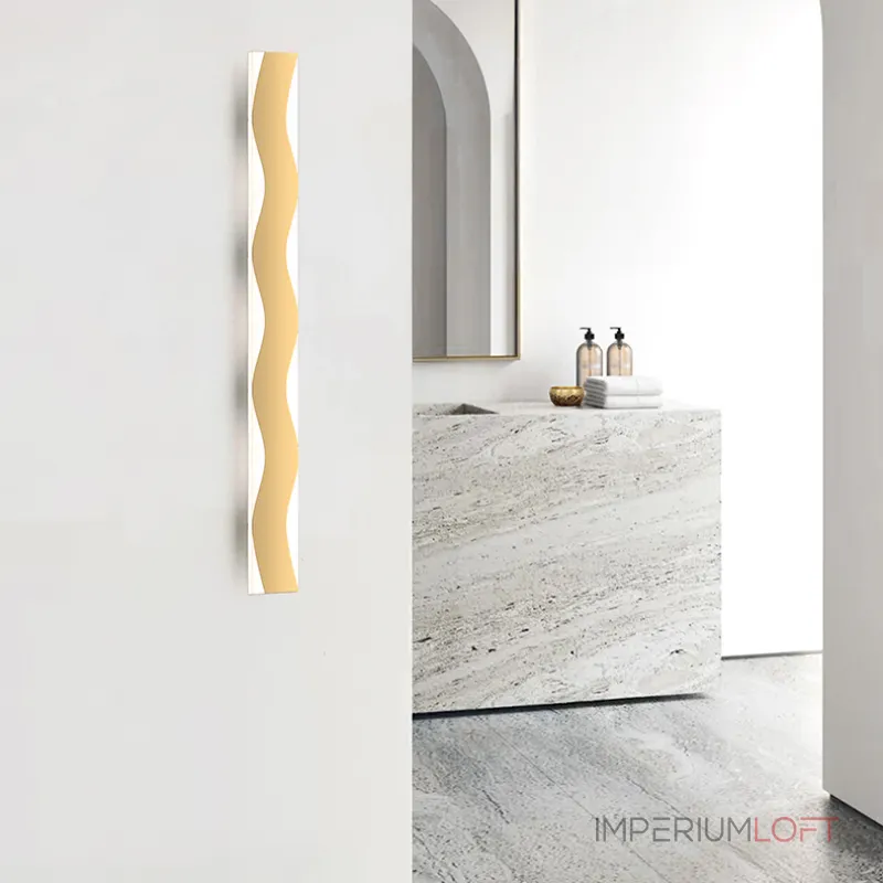 Серия настенных светильников с латунным корпусом волнообразной формы на полупрозрачном прямоугольном основании с LED подсветкой WESSEL STR L122 Brass от ImperiumLoft