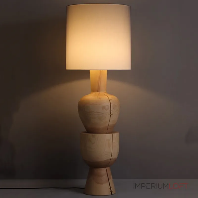 Дизайнерский торшер с массивным фигурным корпусом из цельного дерева и текстильным цилиндрическим плафоном HELGOT от ImperiumLoft