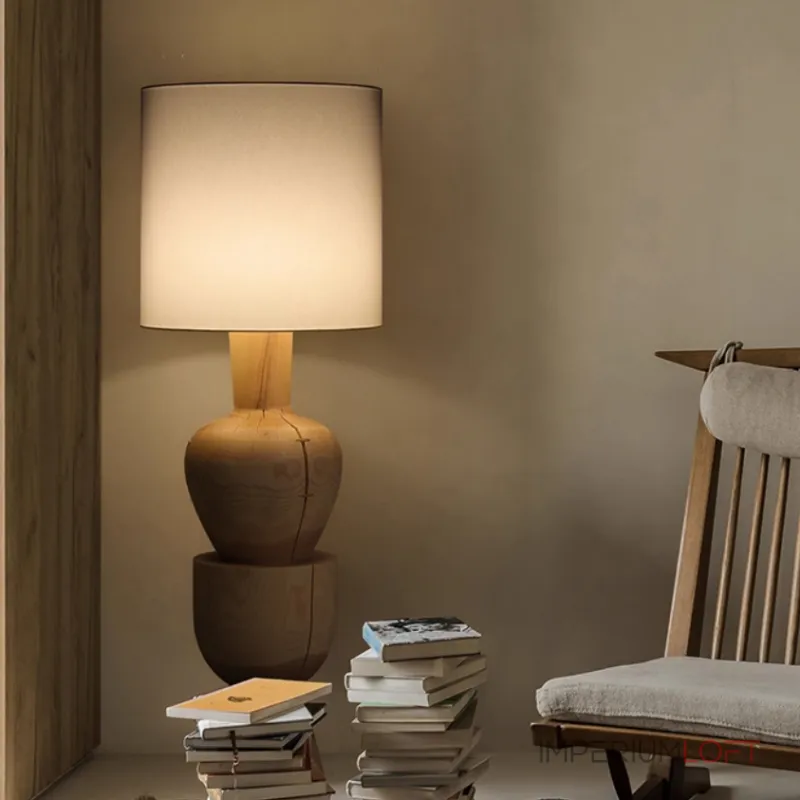 Дизайнерский торшер с массивным фигурным корпусом из цельного дерева и текстильным цилиндрическим плафоном HELGOT от ImperiumLoft