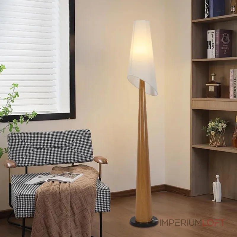 Серия торшеров с коническим корпусом из высококачественной древесины и асимметричным текстильным плафоном VALE Dark Brown от ImperiumLoft