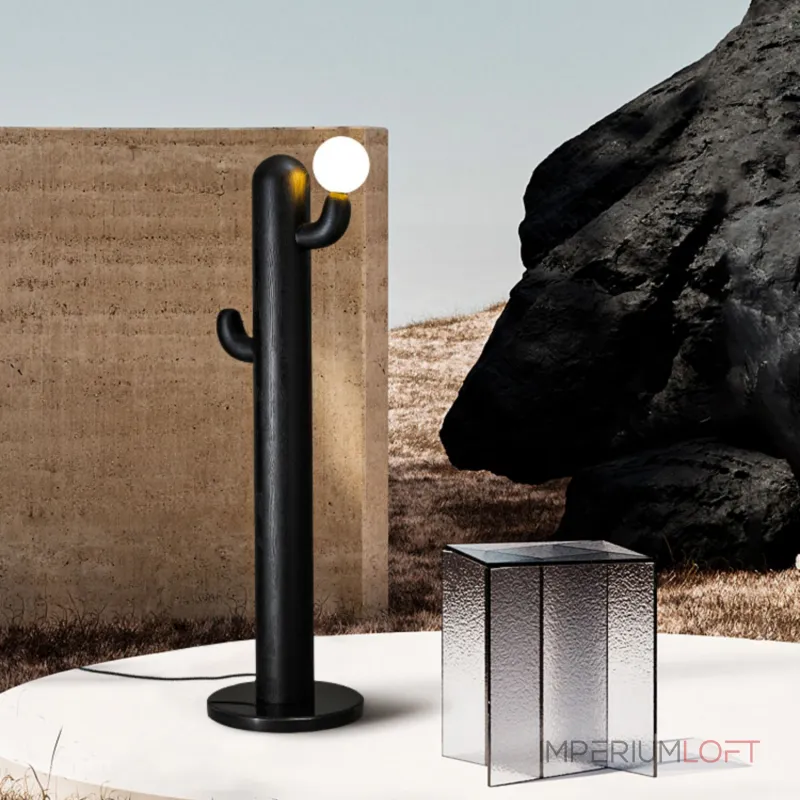 Деревянный напольный светильник в виде кактуса с шарообразным плафоном CACTUS WOOD Black от ImperiumLoft