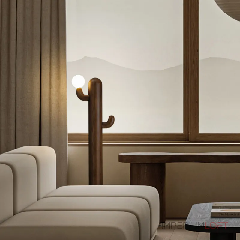 Деревянный напольный светильник в виде кактуса с шарообразным плафоном CACTUS WOOD Black от ImperiumLoft