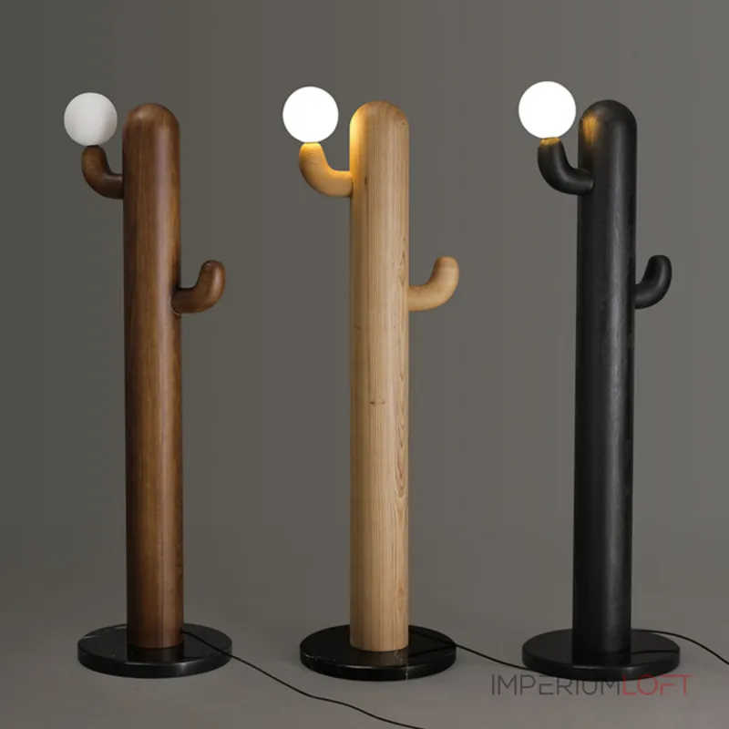 Деревянный напольный светильник в виде кактуса с шарообразным плафоном CACTUS WOOD Black от ImperiumLoft