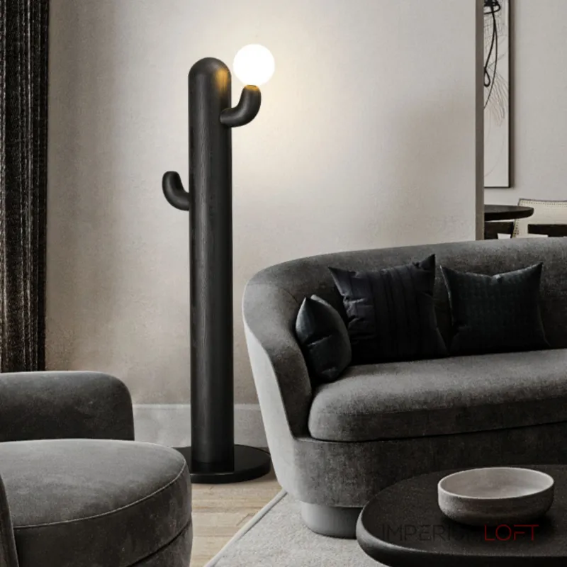 Деревянный напольный светильник в виде кактуса с шарообразным плафоном CACTUS WOOD Black от ImperiumLoft