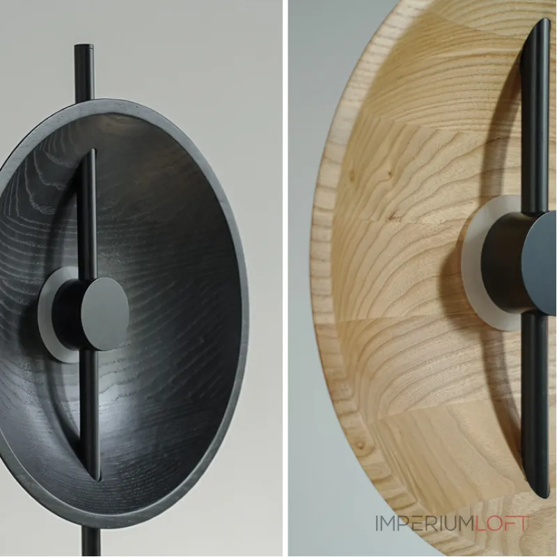 Серия дизайнерских торшеров с двумя плафонами в виде вогнутых дисков из дерева с LED подсветкой DELANO WOOD FL Black от ImperiumLoft