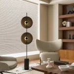 Серия дизайнерских торшеров с двумя плафонами в виде вогнутых дисков из дерева с LED подсветкой DELANO WOOD FL Black от ImperiumLoft