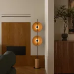 Серия дизайнерских торшеров с двумя плафонами в виде вогнутых дисков из дерева с LED подсветкой DELANO WOOD FL Black от ImperiumLoft