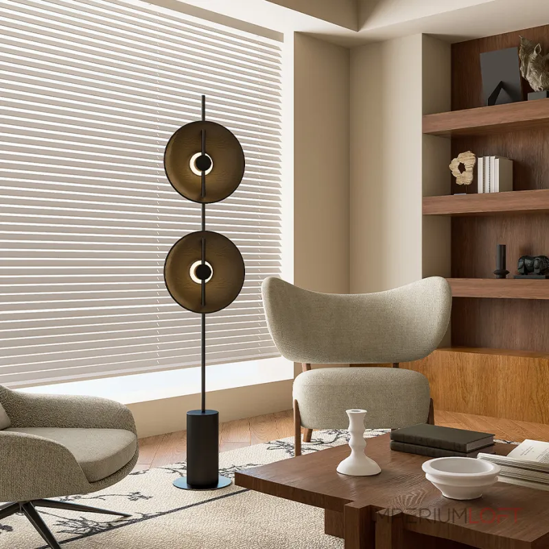 Серия дизайнерских торшеров с двумя плафонами в виде вогнутых дисков из дерева с LED подсветкой DELANO WOOD FL Black от ImperiumLoft