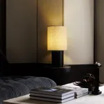 Серия настольных ламп с рельефным корпусом из высококачественной древесины разных оттенков и текстильным плафоном цилиндрической формы EUGEN Light Brown от ImperiumLoft