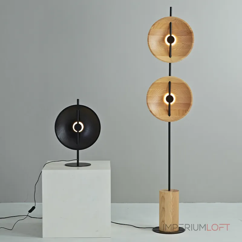 Серия настольных ламп с плафоном в виде вогнутого диска из дерева с LED подсветкой DELANO WOOD TAB Black от ImperiumLoft