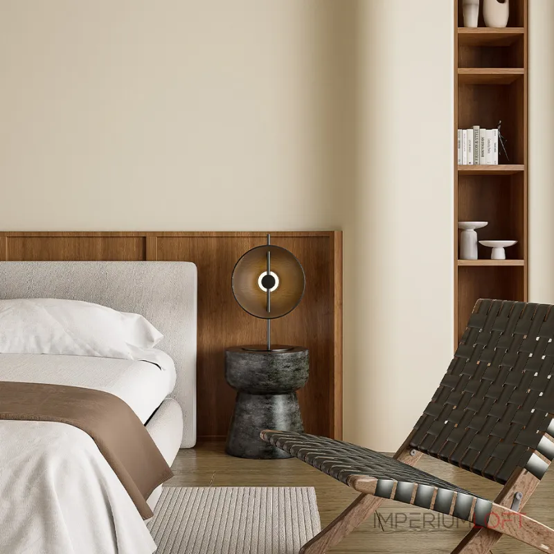 Серия настольных ламп с плафоном в виде вогнутого диска из дерева с LED подсветкой DELANO WOOD TAB Black от ImperiumLoft