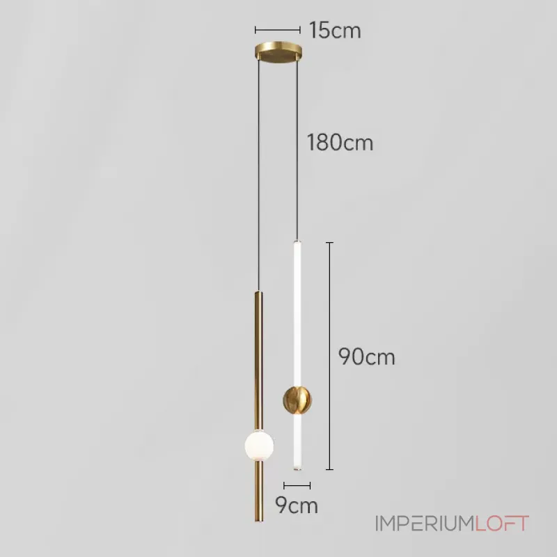 Серия светодиодных подвесных светильников в виде вертикальных стержней с шарами WAND VRT H90 L2 Brass от ImperiumLoft