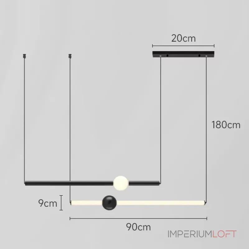 Серия светодиодных подвесных светильников в виде горизонтальных стержней с шарами WAND HRZ L2 L90 Black от ImperiumLoft
