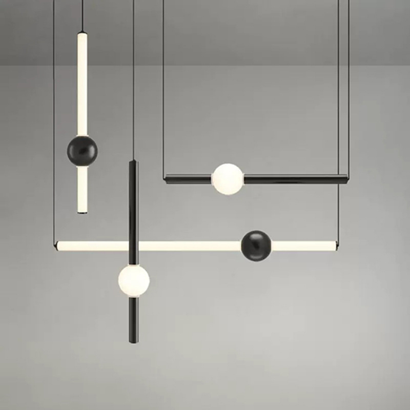 Серия светодиодных подвесных светильников в виде горизонтальных стержней с шарами WAND HRZ L2 L50 Black от ImperiumLoft