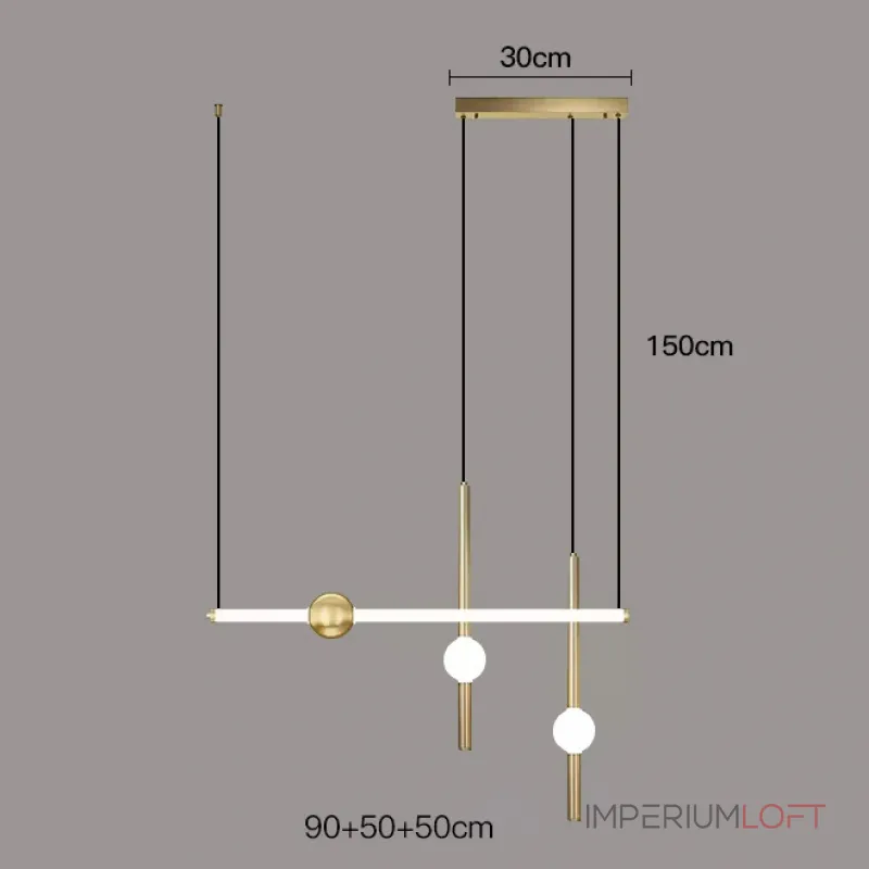 Серия светодиодных инсталляций из подвесных светильников в виде горизонтальных и вертикальных стержней с шарами WAND COMBO L3 Brass от ImperiumLoft
