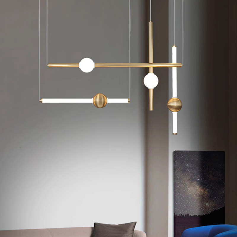 Серия светодиодных инсталляций из подвесных светильников в виде горизонтальных и вертикальных стержней с шарами WAND COMBO L5 Black от ImperiumLoft