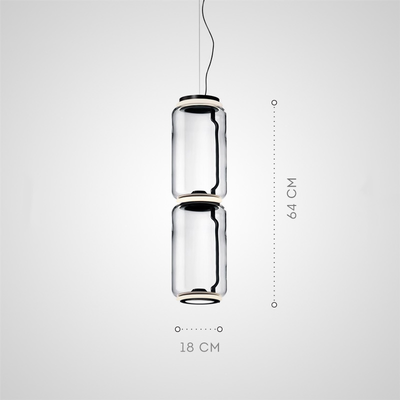 Серия подвесных светильников из прозрачных стеклянных скругленных цилиндров c LED подсветкой сверху и снизу QUENTIN A H64 от ImperiumLoft