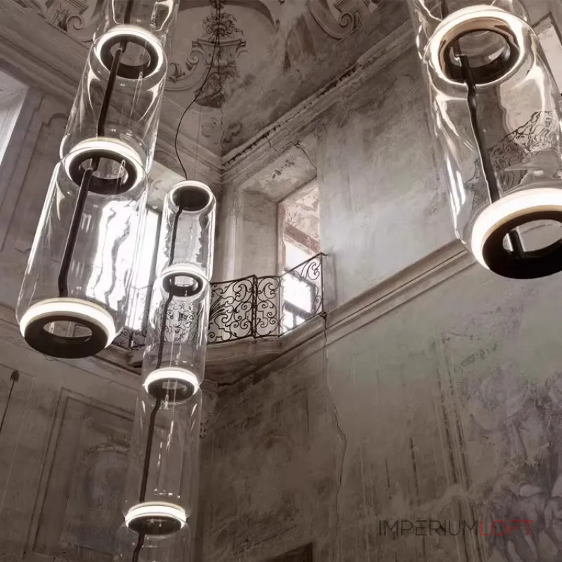 Серия подвесных светильников из прозрачных стеклянных скругленных цилиндров c LED подсветкой сверху и снизу QUENTIN A H128 от ImperiumLoft