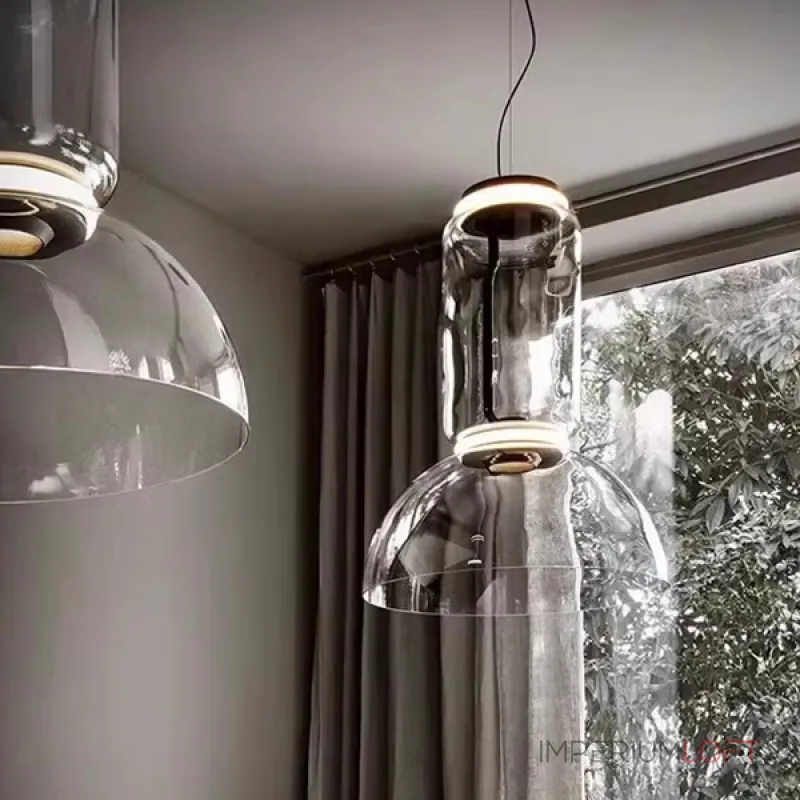 Серия подвесных светильников из прозрачных стеклянных скругленных цилиндров c LED подсветкой сверху и снизу QUENTIN A H128 от ImperiumLoft