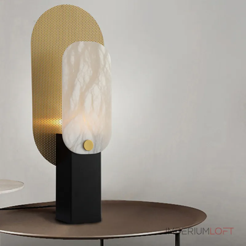 Серия настольных ламп в виде металлической перфорированной пластины и рассеивателя из натурального камня CONRAD B TAB A