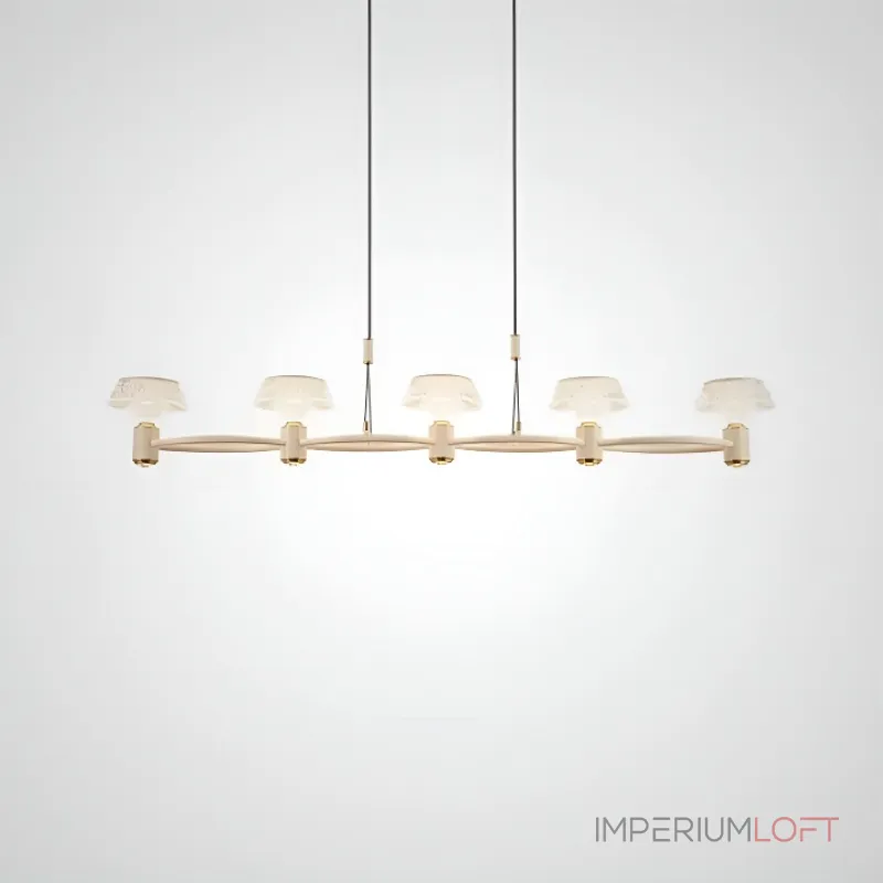 Рядный подвесной светильник с рельефными плафонами зонтичной формы и точечными источниками света на каркасе в форме лепестков из металла ASTRILD LONG от ImperiumLoft