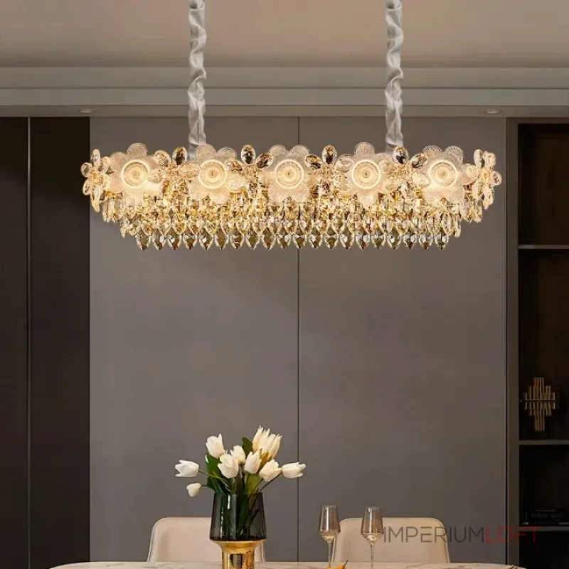 Реечный светильник с подвесками из ограненного хрусталя и рельефных стеклянных цветков EGEL PAW LONG