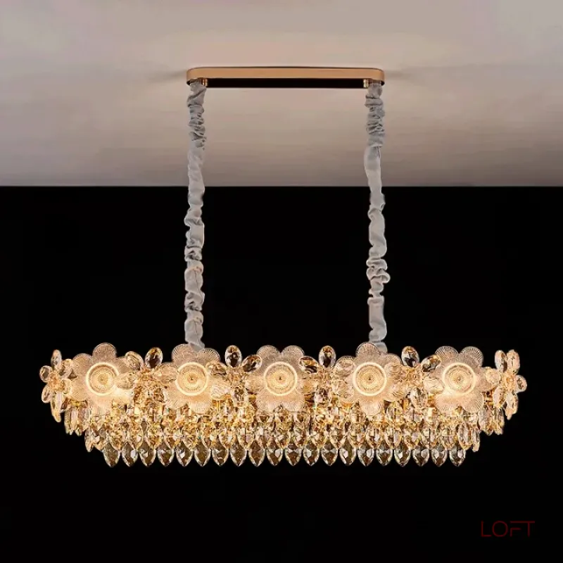 Реечный светильник с подвесками из ограненного хрусталя и рельефных стеклянных цветков EGEL PAW LONG