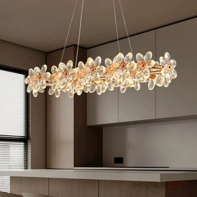 Реечный светильник с подвесками из ограненного хрусталя и рельефных стеклянных цветков EGEL B LONG