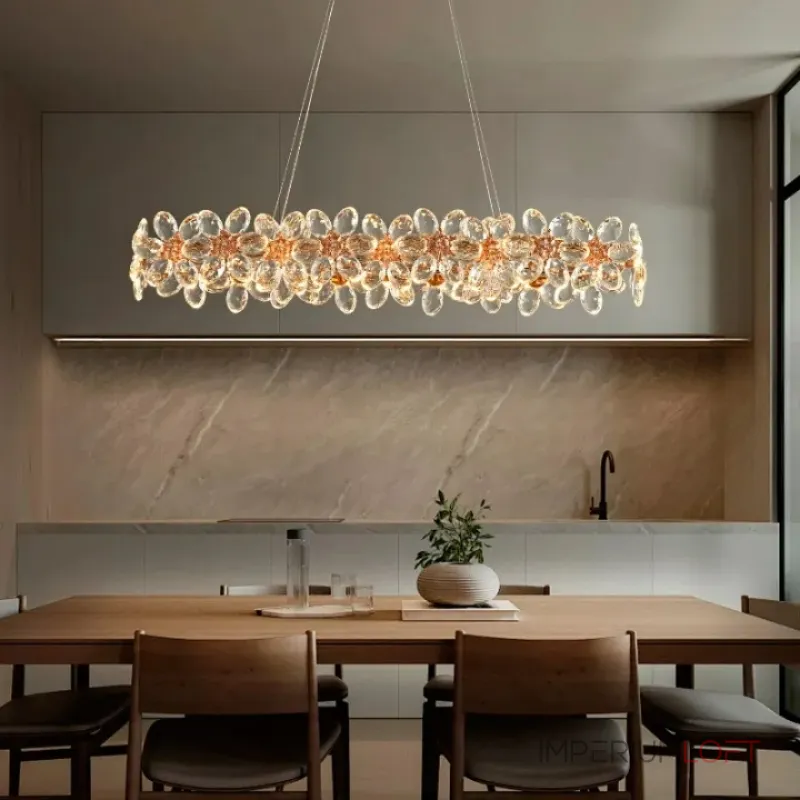 Реечный светильник с подвесками из ограненного хрусталя и рельефных стеклянных цветков EGEL B LONG