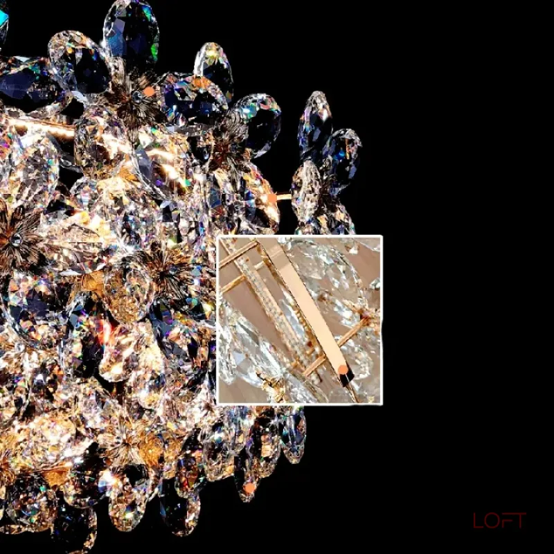 Реечный светильник с подвесками из ограненного хрусталя и рельефных стеклянных цветков EGEL LONG