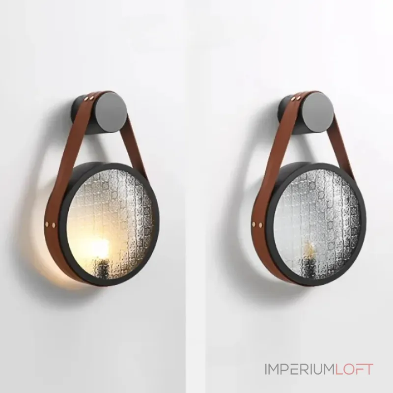 Серия настенных светильников с рельефным стеклянным плафоном в форме линзы на кожаном ремешке ODMAR Brown ImperiumLoft