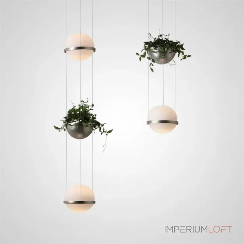 Подвесной светодиодный светильник с вертикально расположенными шарообразными плафонами и цветочным кашпо в форме полусферы GRO P2 от ImperiumLoft