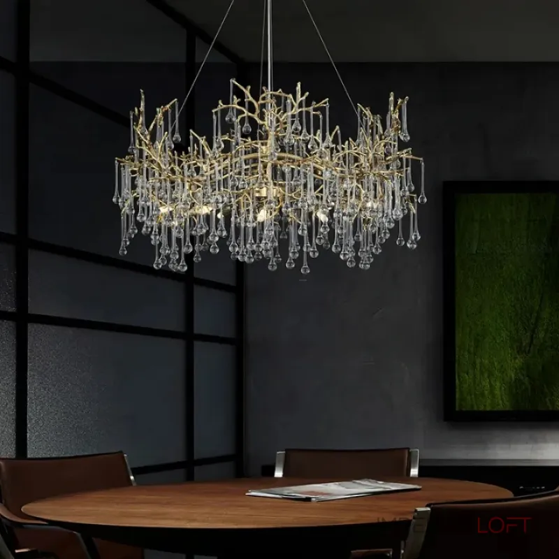 Серия люстр с подвесным декором из стеклянных капель на ветвистом каркасе люстра WATERDROPS L16 Gold от ImperiumLoft