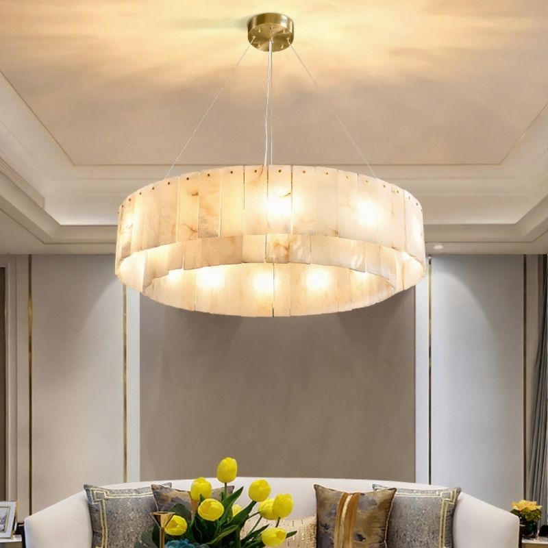 Серия подвесных люстр на кольцевом каркасе с двойным абажуром из мраморных подвесок прямоугольной формы SIRIUS D820 от ImperiumLoft