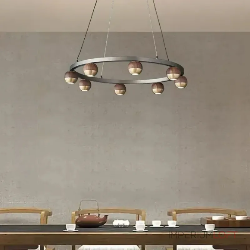 Подвесная светодиодная люстра с шарообразными плафонами из металла и массива дерева на кольцевом каркаса 4000К от ImperiumLoft