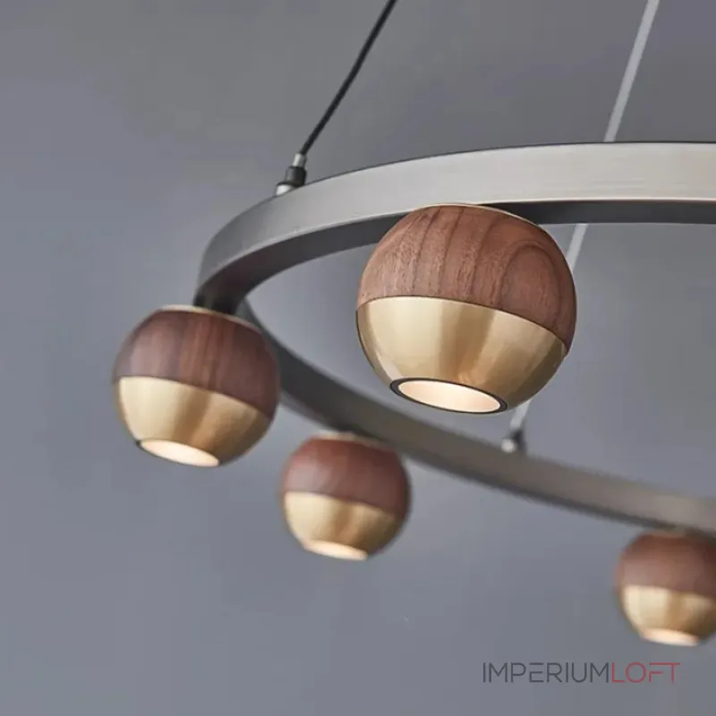 Подвесная светодиодная люстра с шарообразными плафонами из металла и массива дерева на кольцевом каркаса 4000К от ImperiumLoft