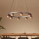 Подвесная светодиодная люстра с шарообразными плафонами из металла и массива дерева на кольцевом каркаса 4000К от ImperiumLoft