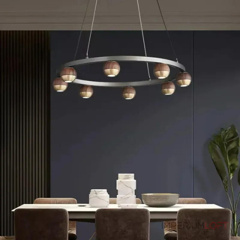 Подвесная светодиодная люстра с шарообразными плафонами из металла и массива дерева на кольцевом каркаса 4000К от ImperiumLoft