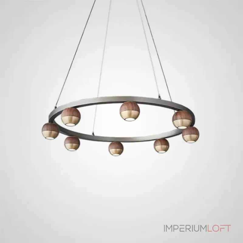 Подвесная светодиодная люстра с шарообразными плафонами из металла и массива дерева на кольцевом каркаса 4000К от ImperiumLoft
