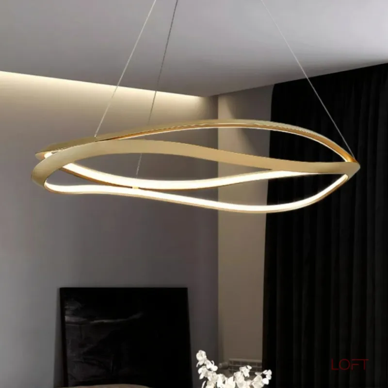 Серия дизайнерских люстр на струнном подвесе с изогнутыми кольцевыми плафонами с внутренней LED-подсветкой DANIELA D80 от ImperiumLoft 