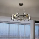 Светодиодная люстра с кольцевидными плафонами с чередующими металлическими дисками на черном кольцевом каркасе BENEDIKTA 3000K от ImperiumLoft