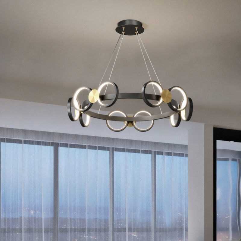 Светодиодная люстра с кольцевидными плафонами с чередующими металлическими дисками на черном кольцевом каркасе BENEDIKTA 3000K от ImperiumLoft