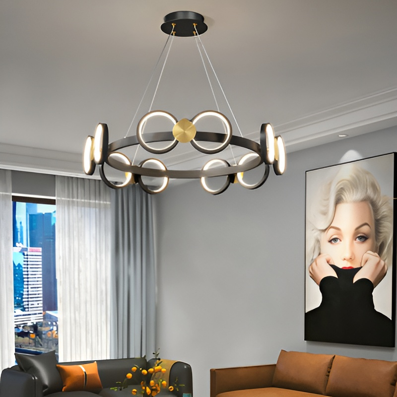 Светодиодная люстра с кольцевидными плафонами с чередующими металлическими дисками на черном кольцевом каркасе BENEDIKTA 3000K от ImperiumLoft