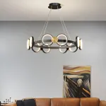 Светодиодная люстра с кольцевидными плафонами с чередующими металлическими дисками на черном кольцевом каркасе BENEDIKTA 3000K от ImperiumLoft