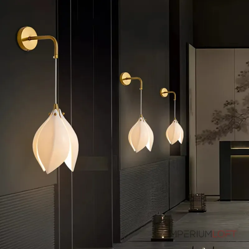 Дизайнерский настенный светильник с подвесным плафоном из нефритового фарфора в форме белого бутона Bud Wall от ImperiumLoft