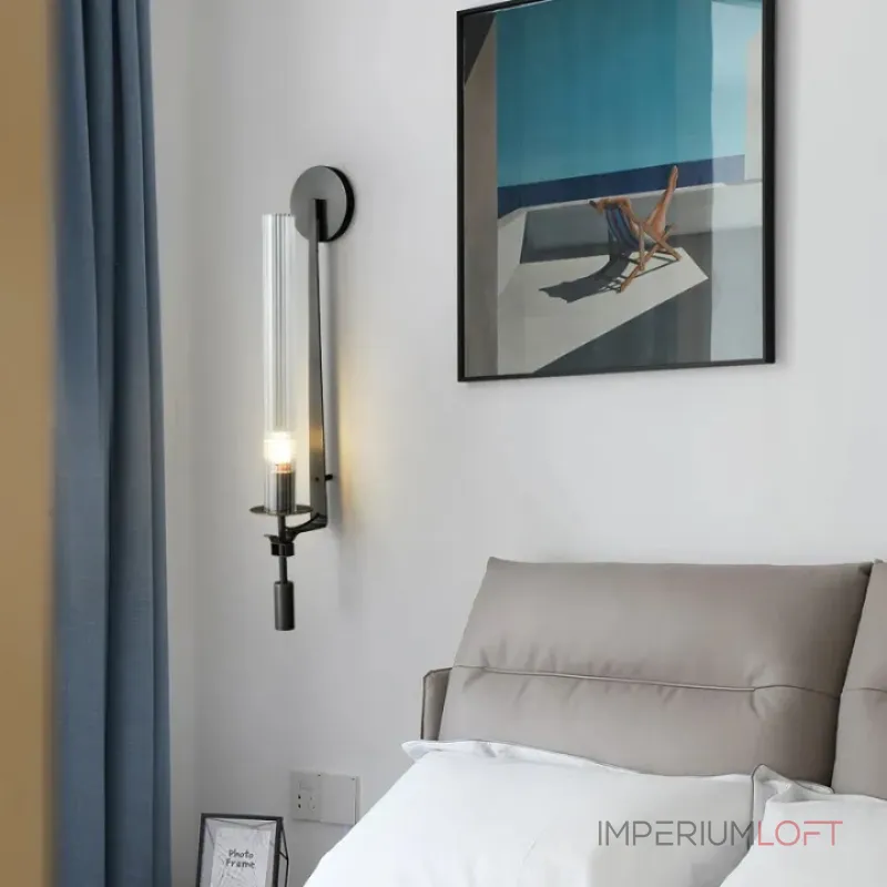 Бра в классическом стиле с цилиндрическим рассеивателем из рельефного стекла на черном кронштейне Beam Fix H56 от ImperiumLoft